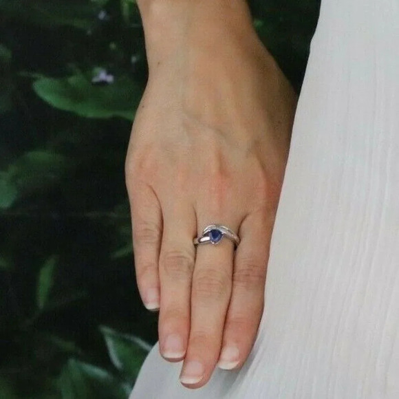 10k White Gold Lab Created Blue Sapphire and Diamond Ring Size 7 1/4 - Picture 2 of 9